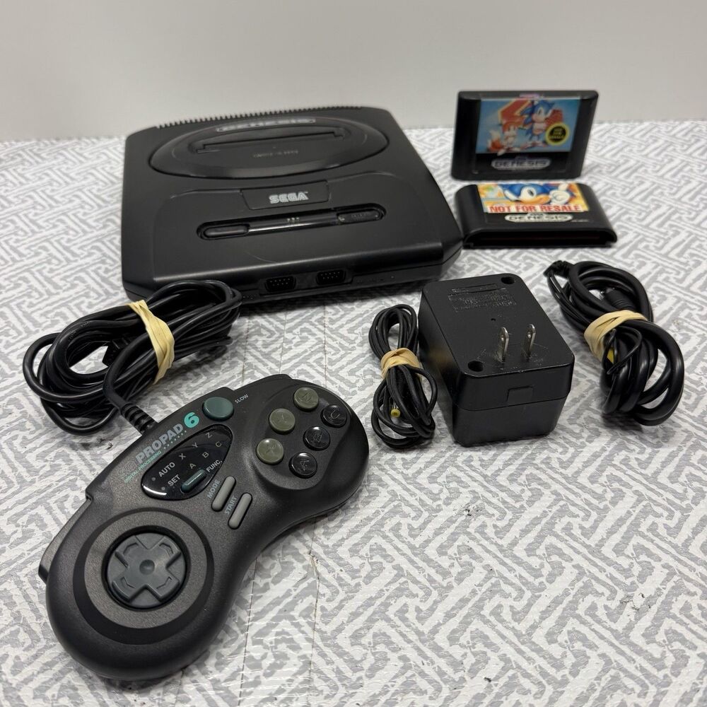 Sega Genesis Model 2 Console Bundle Sonic 1 & 2 Tested ProPad 6 Turbo Controller